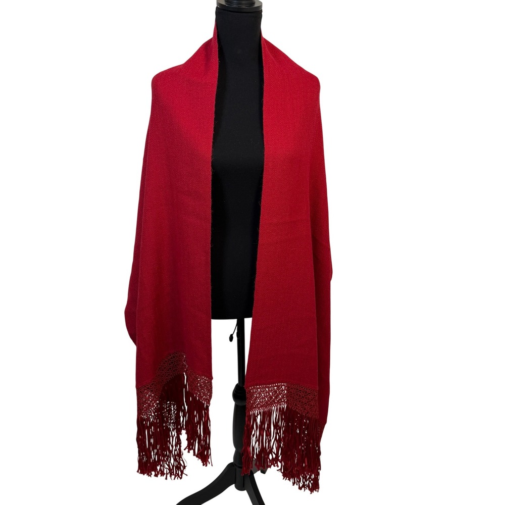 Warmi Ajayu Shawl Wrap Womens OS Red Good Alpaca Wool Handmade Crochet Fringe